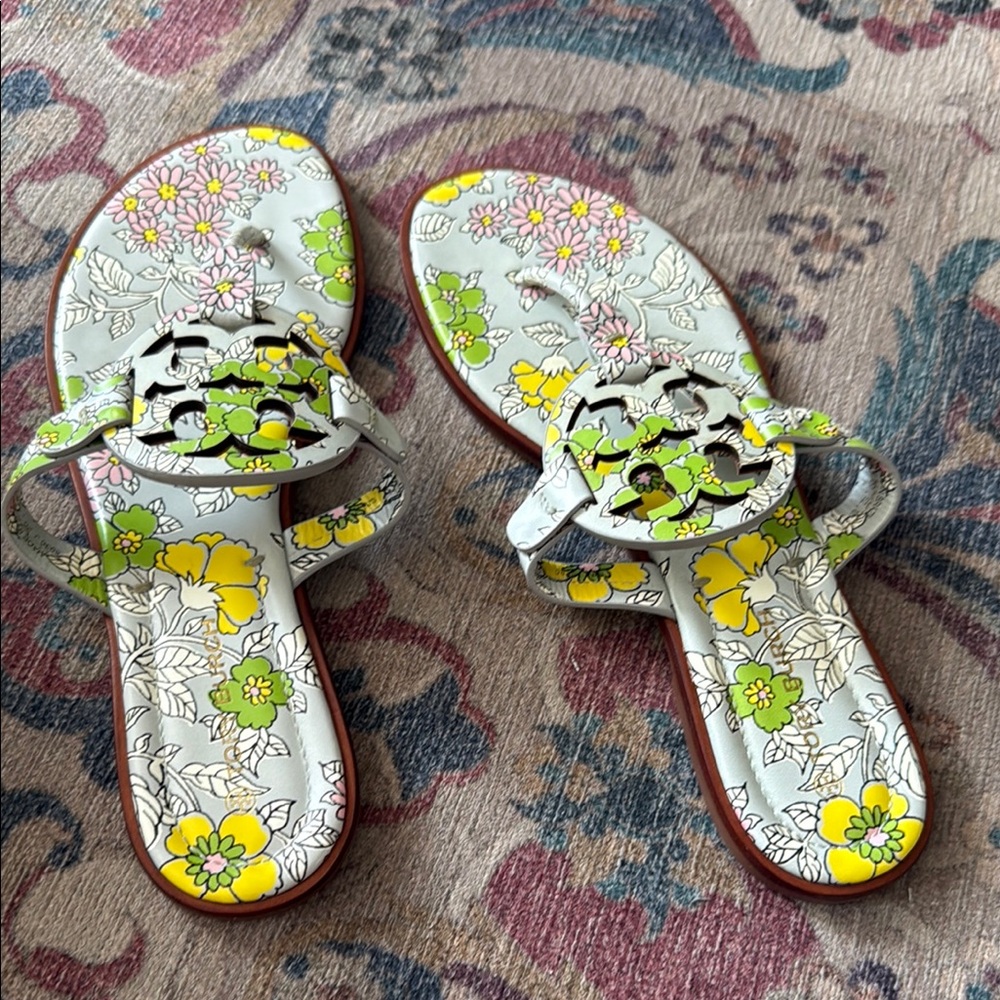 Tory Burch Floral Sandals with Yellow and Green Accents